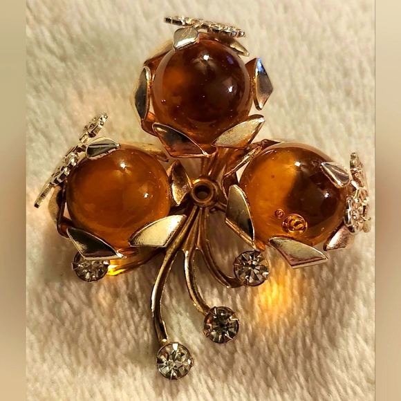 Jewelry - Vintage Artisan Blown Glass Orbs, Goldtone Floral & Rhinestone Brooch/Pendant